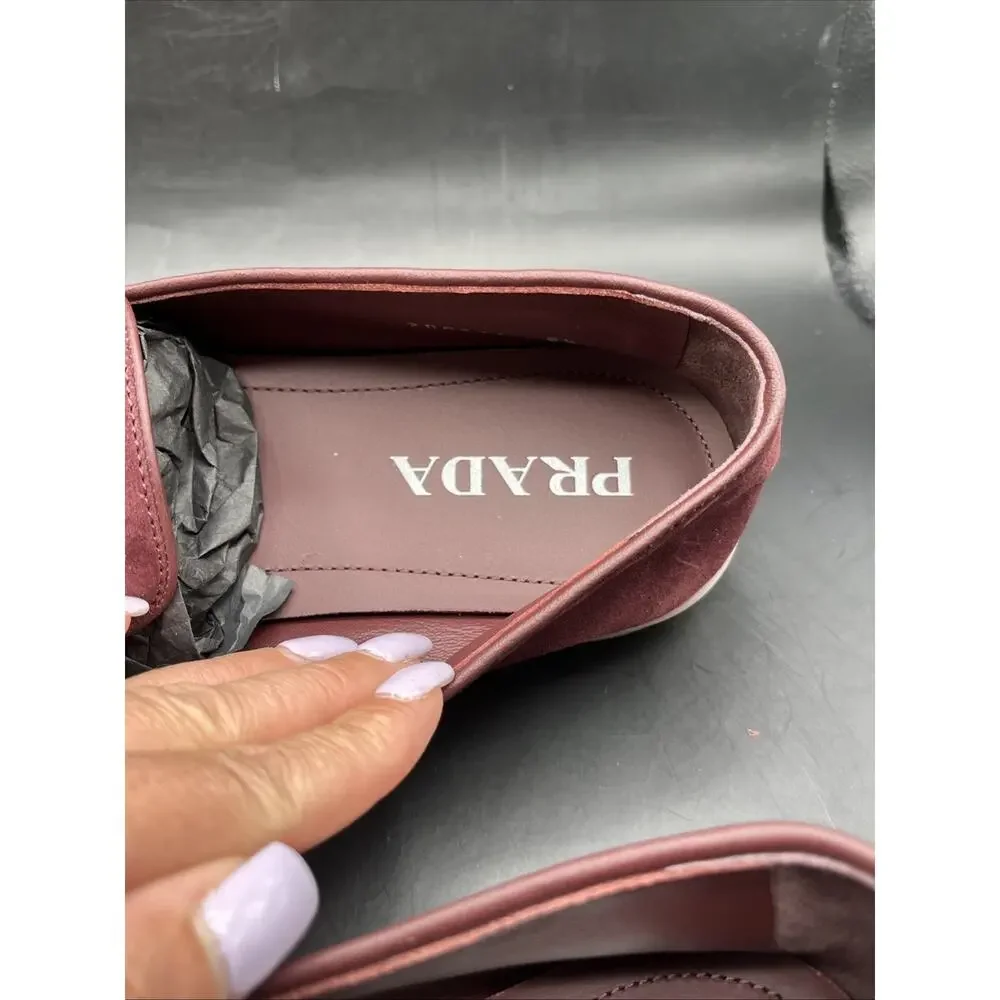 PRADA Suede Slip-On Loafers Logo Dress Shoes Men Prada Shoes Burgundy NWOTB READ